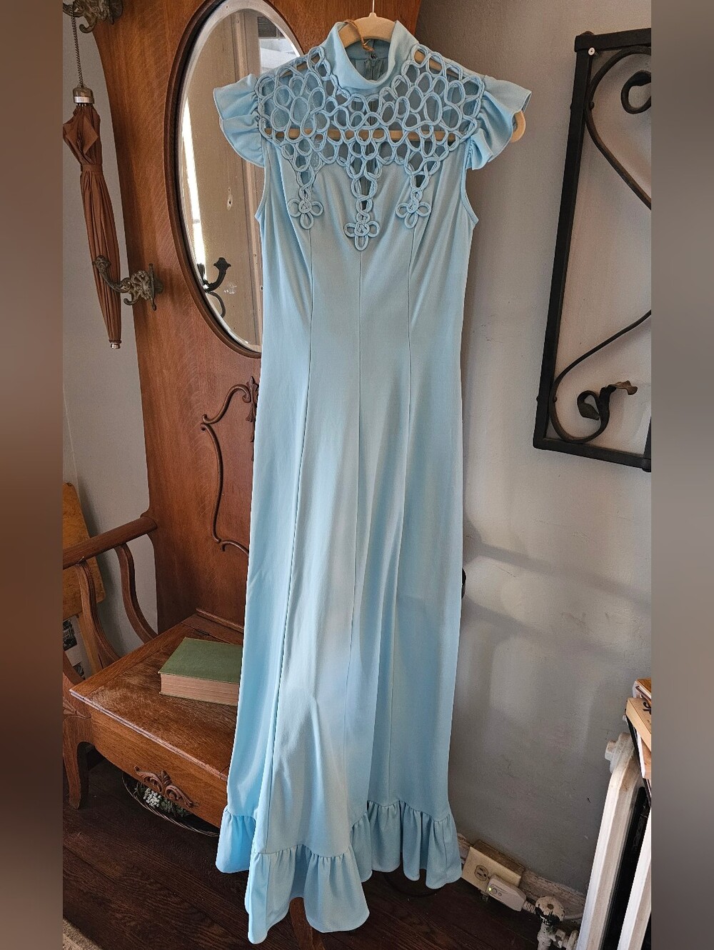 Vintage 1970s Powder Blue Maxi Dress Loopwork Floral Yoke Ruffle Gown